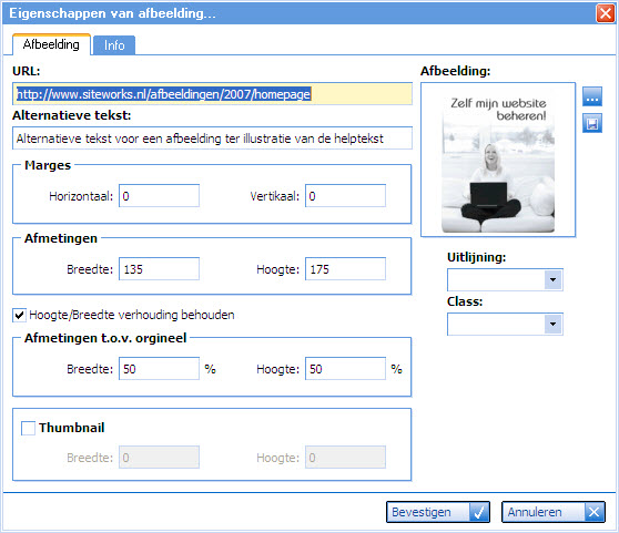 screenshot van het afbeelding eigenschappen scherm